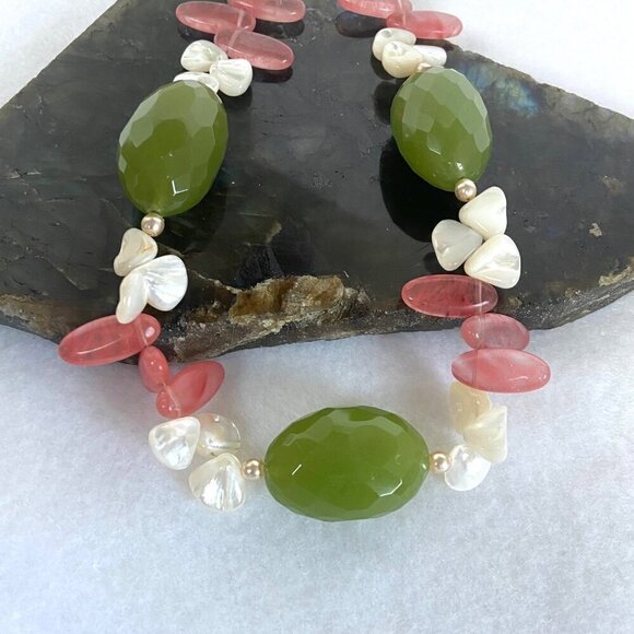 Sterling Silver 925 Beaded Oval Faceted Chrysoprase MOP & Pearl Necklace 17.5" - Picture 6 of 16